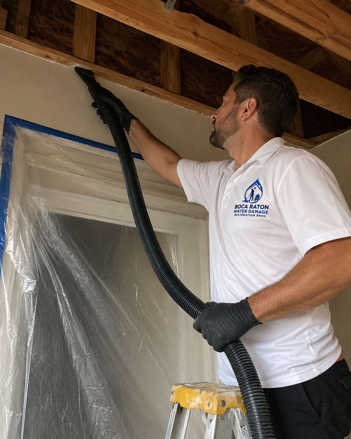 Ceiling water damage removal in progress